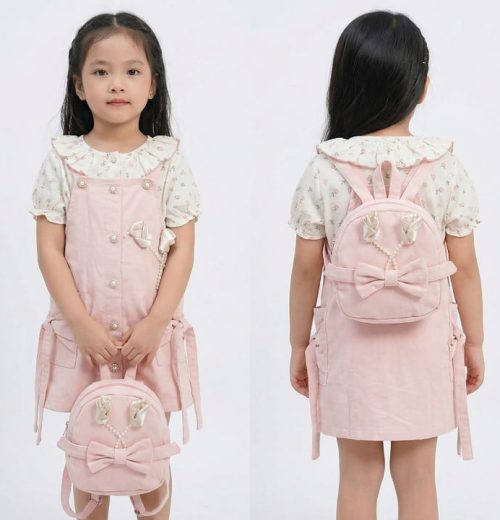 Girls Two Piece Flower Print Shirt & Pearl Button Dress with Back Pack (3-6Y)