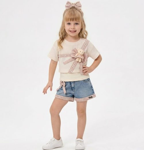 Girls Two Piece Check Trim Teddy T-Shirt & Denim Shorts Set with Purse (3-6Y)