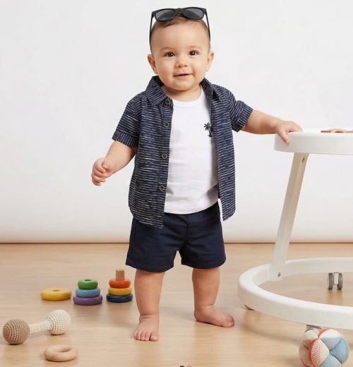 Baby Boys Three Piece Stripe Shirt, T-Shirt & Shorts Set with Sunglasses (6-24M)