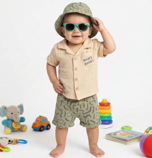 Baby Boys Two Piece Embroidered Shirt & Shorts Set with Hat & Sunglasses (0-9M)