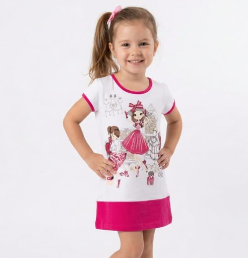 Girls Diamante Doll Print Bow Dress (3-6Y)
