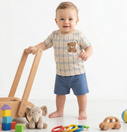 Baby Boys Two Piece Teddy Bear Embossed Check Short Set (9-24M)