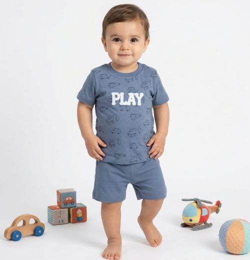Baby Boys Two Piece "PLAY" Embossed Printed Short Set (9-24M)