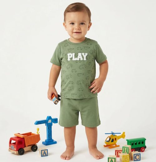 Baby Boys Two Piece "PLAY" Embossed Printed Short Set (9-24M)