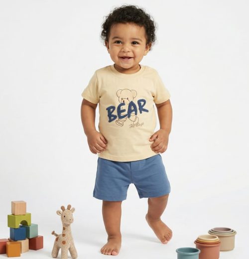 Baby Boys Two Piece "BEAR" Embossed Printed Short Set (9-24M)