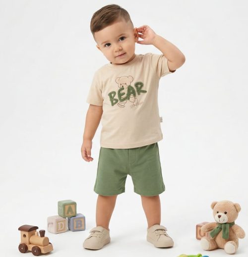 Baby Boys Two Piece "BEAR" Embossed Printed Short Set (9-24M)