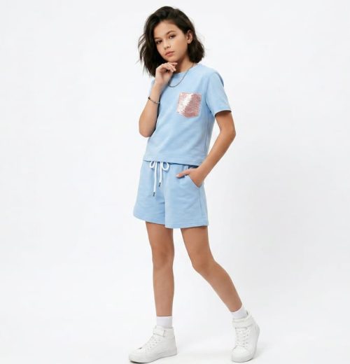 Girls Two Piece Sequin Pocket Short Set (4-14Y)