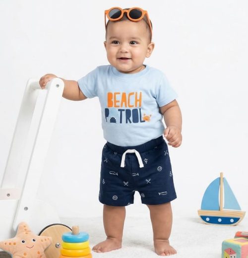 Baby Boys Two Piece "Beach Patrol" T-Shirt & Shorts Set with Sunglasses (3-18M)