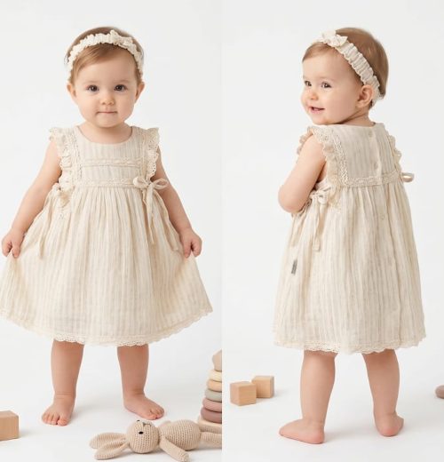 Baby Girls Striped Lace Double Bow Cotton Dress with Headband (3-24M)