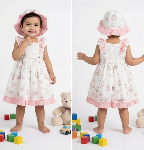 Baby Girls Frilly Lace Floral Dress with Hat (3-24M)