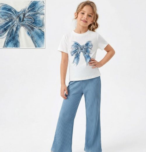Girls Two Piece Diamante Bow T-Shirt & Culottes Set (4-7Y)