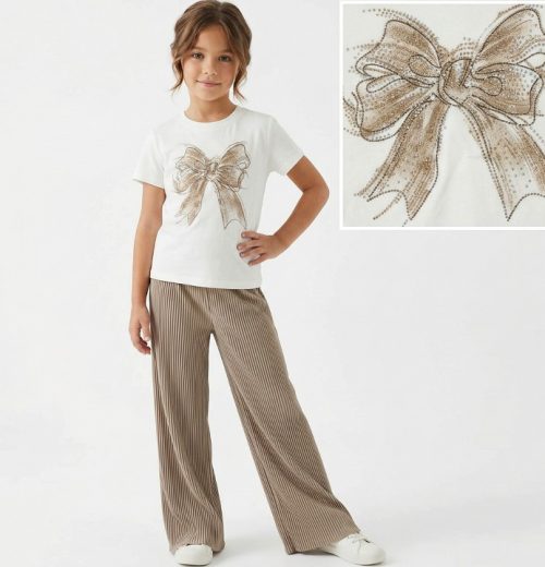 Girls Two Piece Diamante Bow T-Shirt & Culottes Set (4-7Y)
