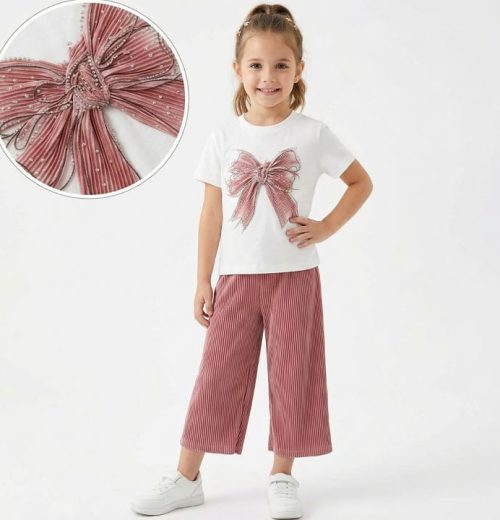 Girls Two Piece Diamante Bow T-Shirt & Culottes Set (4-7Y)