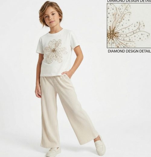 Girls Two Piece Diamante Flower T-Shirt & Culottes Set (4-7Y)