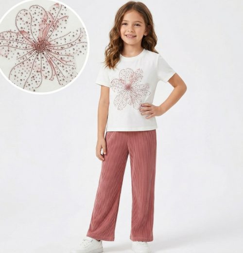 Girls Two Piece Diamante Flower T-Shirt & Culottes Set (4-7Y)