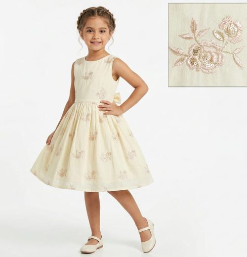 Girls Embroidered Rose Sequin Cotton Dress (2-7Y)