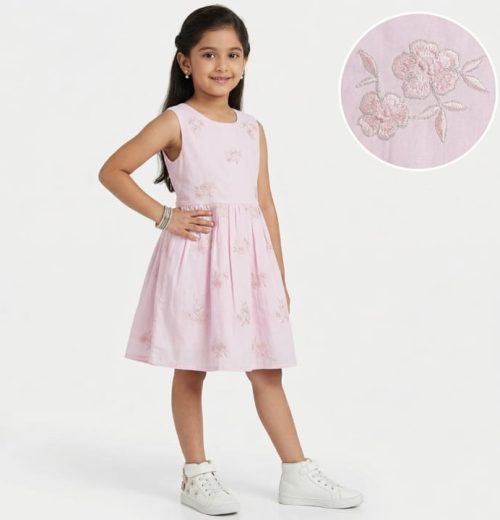 Girls Embroidered Rose Sequin Cotton Dress (2-7Y)