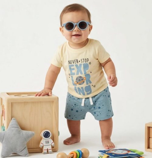 Baby Boys Two Piece "Never Stop Exploring" T-Shirt & Shorts Set with Sunglasses (3-18M)