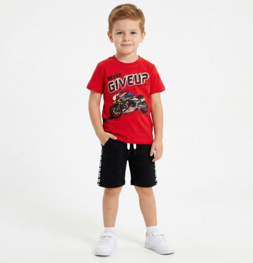 Boys Two "NEVER GIVE UP" Motorbike T-Shirt & Shorts Set (3-6Y)