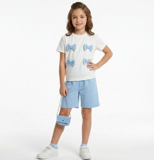 Girls Multi Bow T-Shirt & Shorts Set with Purse (4-14Y)