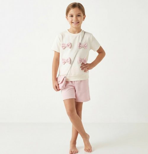 Girls Multi Bow T-Shirt & Shorts Set with Purse (4-14Y)