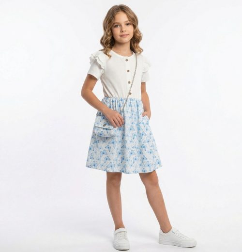 Girls Butterfly Print Frilly Sleeve Dress with Purse (4-14Y)