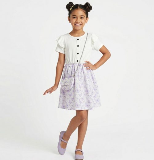 Girls Butterfly Print Frilly Sleeve Dress with Purse (4-14Y)