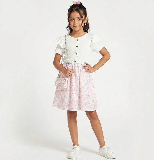 Girls Butterfly Print Frilly Sleeve Dress with Purse (4-14Y)