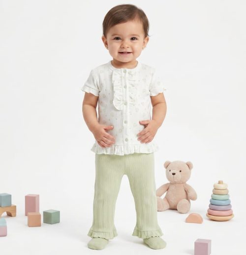 Baby Girls Two Piece Heart Print Frilly Buttoned Top & Leggings Set  (3-18M)