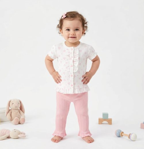 Baby Girls Two Piece Heart Print Frilly Buttoned Top & Leggings Set  (3-18M)