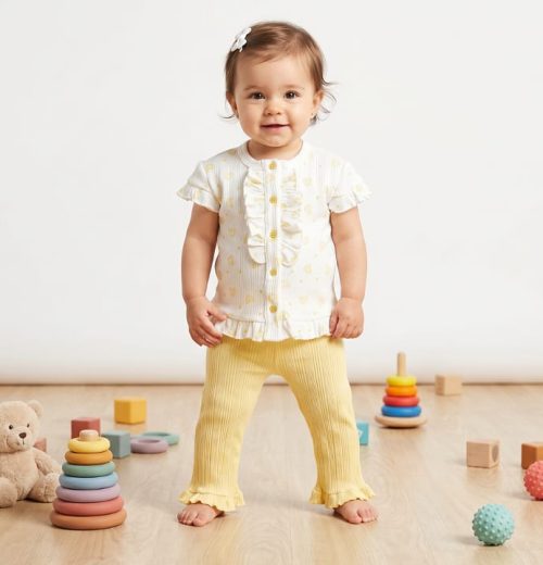 Baby Girls Two Piece Heart Print Frilly Buttoned Top & Leggings Set  (3-18M)