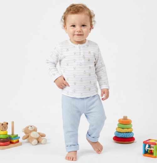 Baby Boys Two Piece Cotton Teddy Bear Top & Bottoms Set  (3-18M)