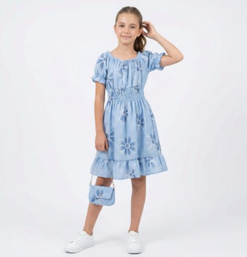 Girls Flower Print Dress with Purse (4-14Y)