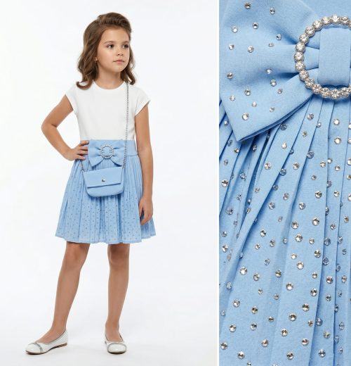 Girls Diamante Bow Dress with Purse (4-14Y)