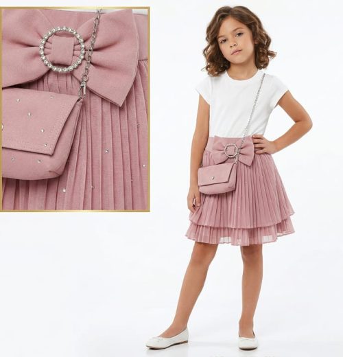 Girls Diamante Bow Dress with Purse (4-14Y)