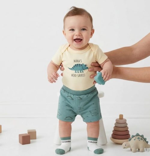 Baby Boys Two Piece "MAMAS MIN-SAURUS" T-Shirt & Shorts Set with Socks (3-18M)