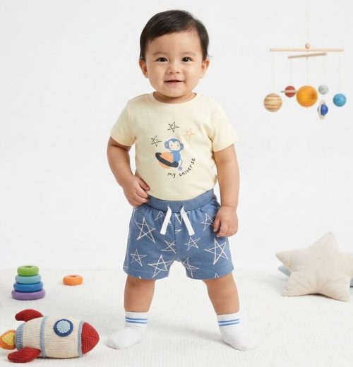 Baby Boys Two Piece "My Universe"  Teddy T-Shirt & Shorts Set with Socks (3-18M)