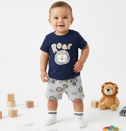 Baby Boys Two Piece "ROAR" Lion T-Shirt & Shorts Set with Socks (3-18M)