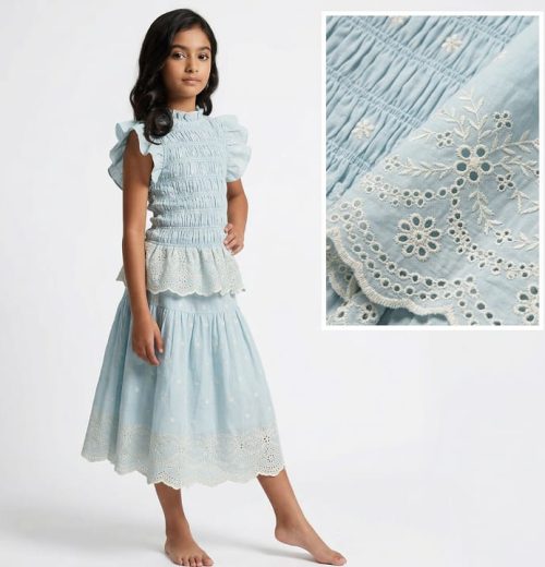 Girls Two Piece Anglaise Top & Long Skirt Set  (5-14Y)