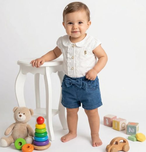 Baby Girls Embroidered Denim All in One Bow Play Suit (0-24M)