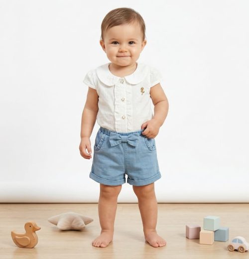 Baby Girls Embroidered Denim All in One Bow Play Suit (0-24M)