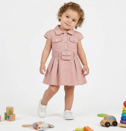 Baby Girls Buttoned Collar Pocket Belt Dress (6M-4Y)