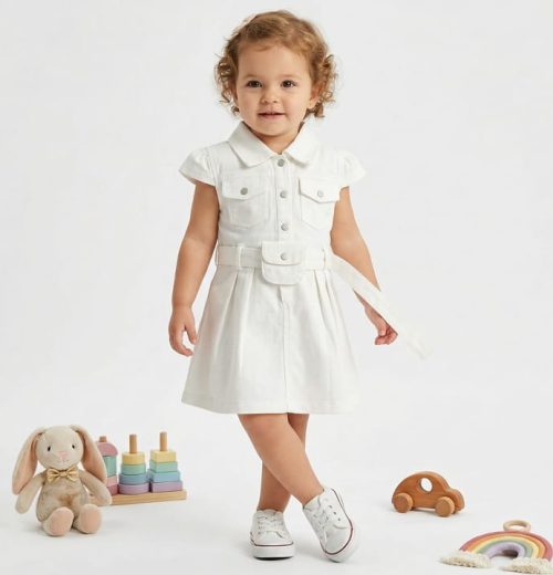 Baby Girls Buttoned Collar Pocket Belt Dress (6M-4Y)