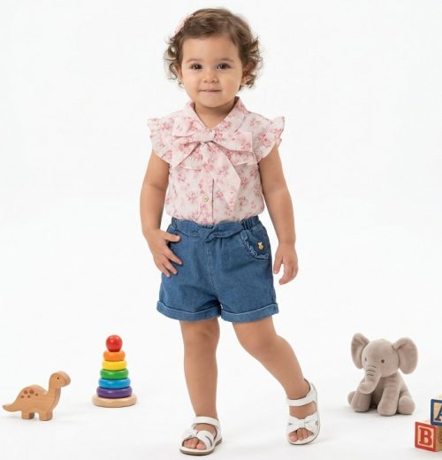 Baby Girls Floral Print Denim Bow Play Suit (0-24M)