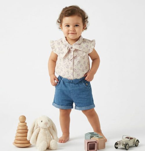 Baby Girls Floral Print Denim Bow Play Suit (0-24M)