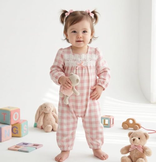 Baby Girls Ruffled Sleeves with Buffalo Check Pattern Cotton Lace Romper (0-9M)