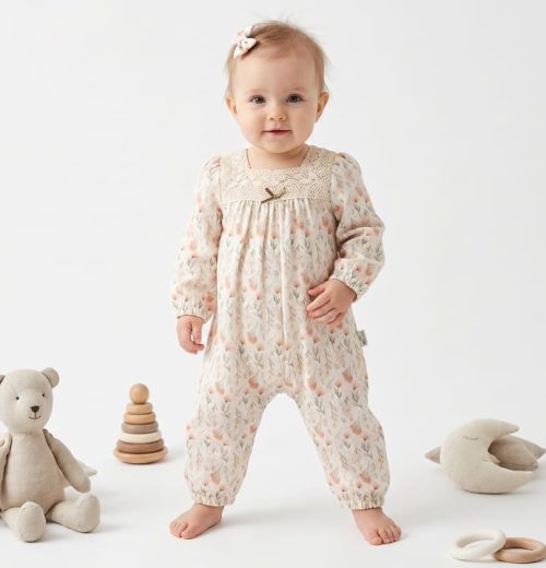 Baby Girls Neck Lace Cotton Pastel colours Floral Print Romper with Hair Clip (0-9M)