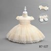 B7 127 beige Baby Girls Three Piece Diamante Lace Party Dress with Headband & Shoes (6-24M)