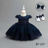 B7 127 navy blue Baby Girls Three Piece Diamante Lace Party Dress with Headband & Shoes (6-24M)