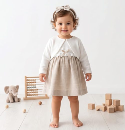Baby Girls Cotton Dress with White Cardigan & Hairband (6-36M)